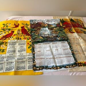 Vintage Calendar Linen Towels 1972 1986 1995 Bird Cherries Stream Covered Bridge